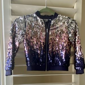 H&M Girl’s Moto jacket Sz 5/6 sequined zip front navy blue excellent condition